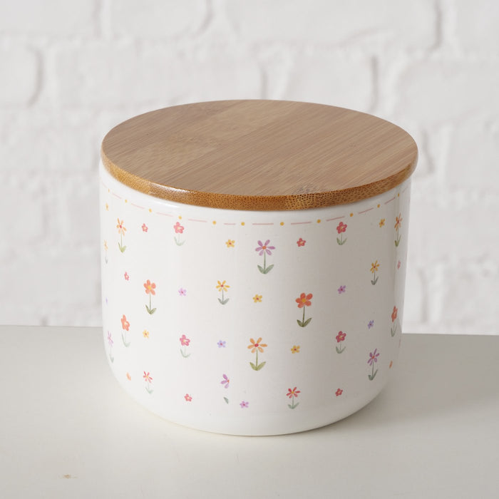 Barattolo in ceramica con coperchio in legno motivo floreale