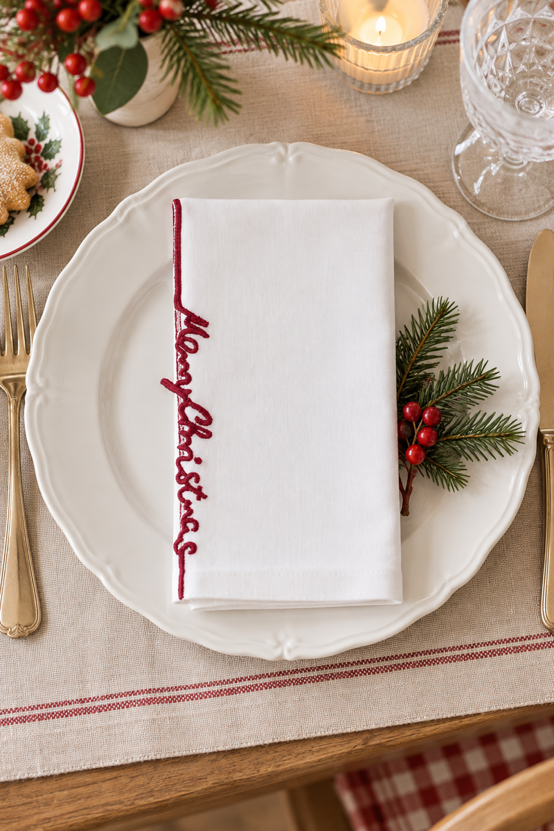 Set 4 tovaglioli natalizi con ricamo Merry Christmas - Blanc Mariclò