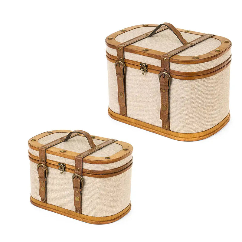 Set 2 Bauli Decorativi Vintage in Legno e Tessuto con Cinghie – 31 e 36 cm Nuvole di Stoffa