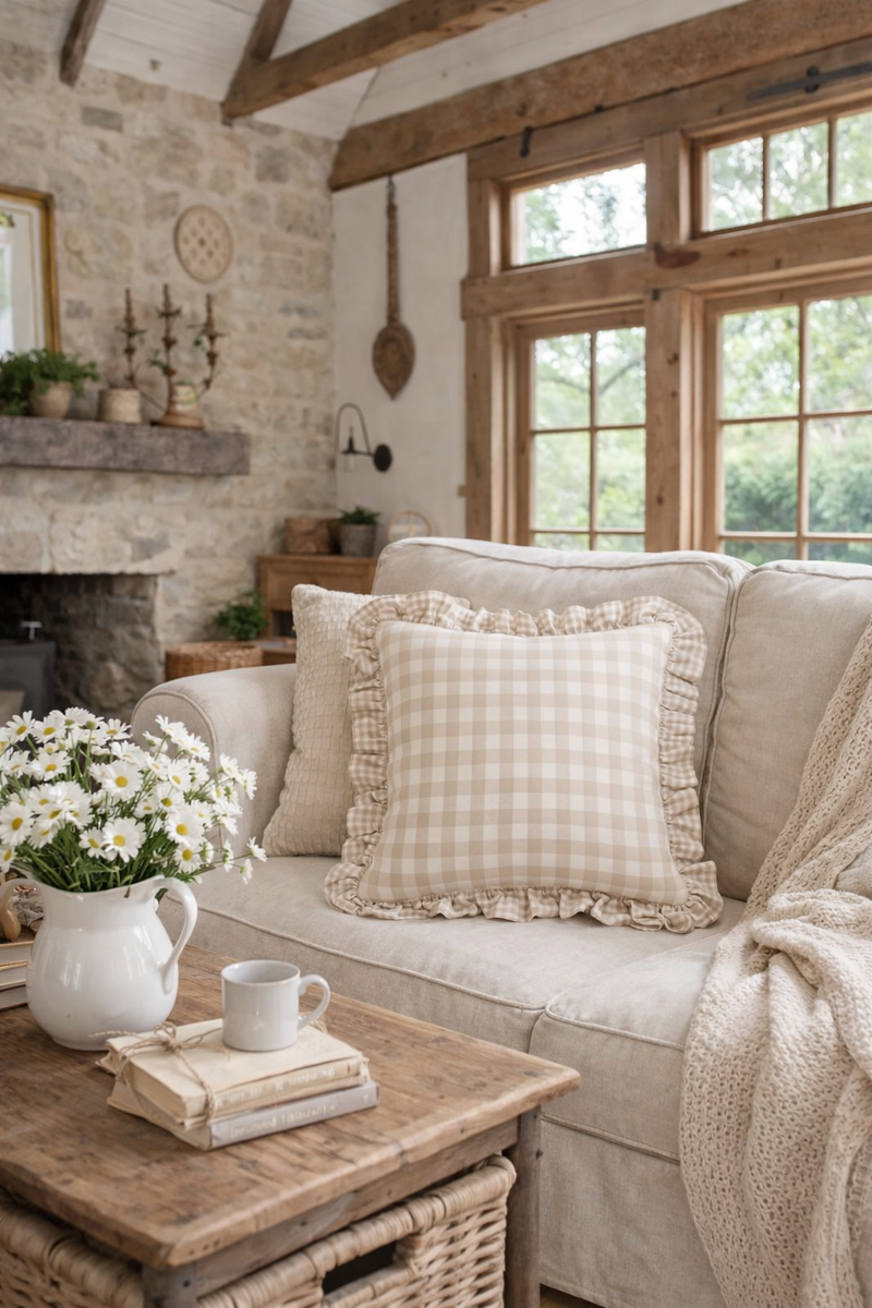 Federa Cuscino Quadri Beige 40x40 cm con Volant Stile Cottage