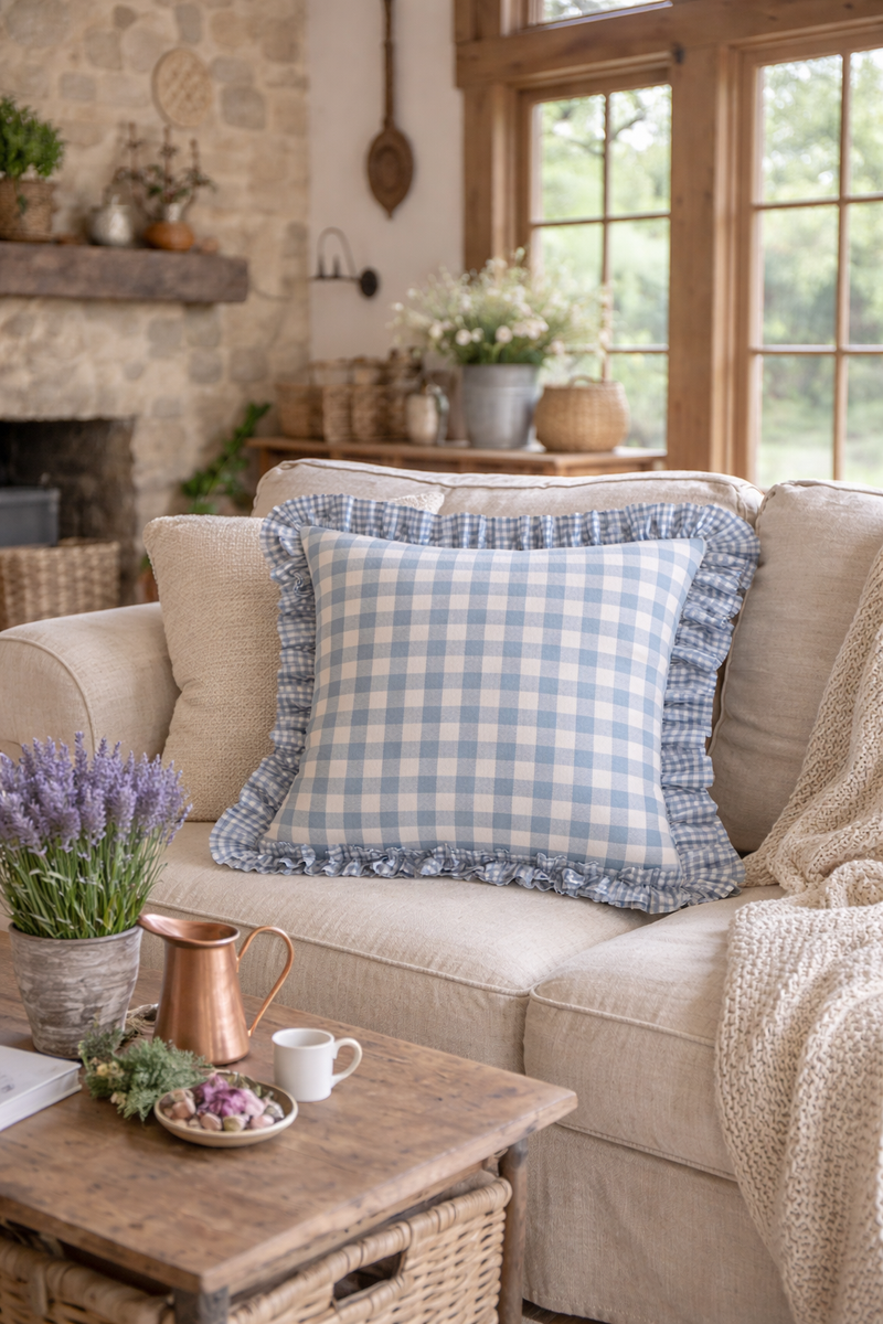 Federa Cuscino Quadri Blu 40x40 cm con Volant Stile Cottage