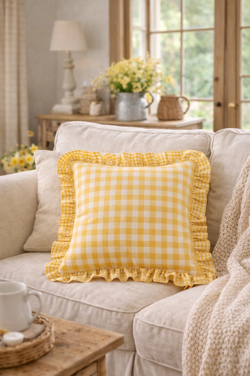 Federa Cuscino Quadri Giallo 40x40 cm con Volant
