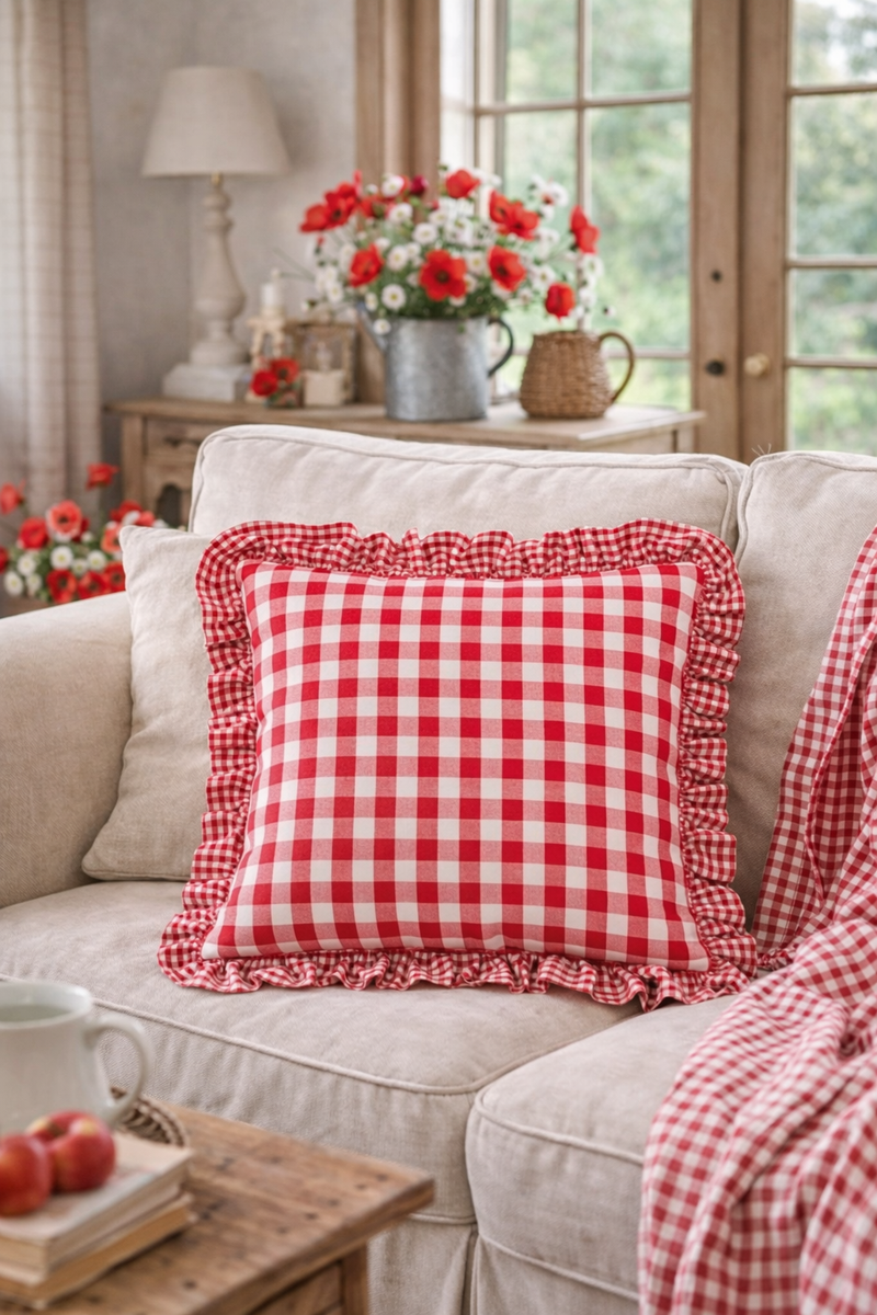 Federa Cuscino Quadri Rosso 40x40 cm con Volant Stile Country