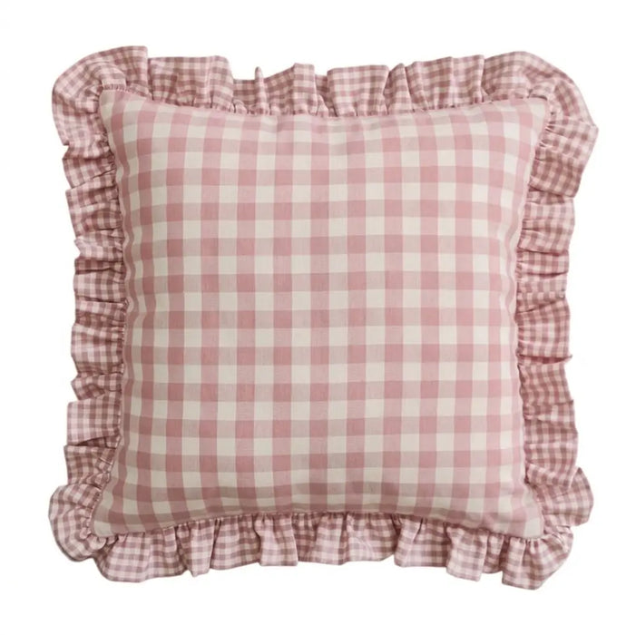 Federa Cuscino Quadri Rosa 40x40 cm con Volant Stile Cottage