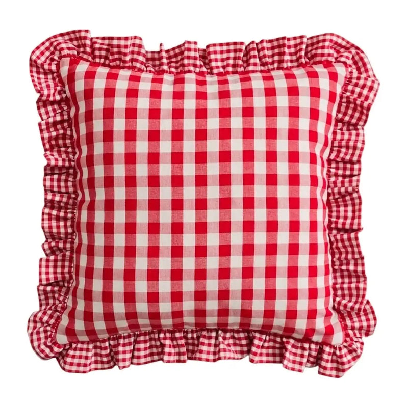 Federa Cuscino Quadri Rosso 40x40 cm con Volant Stile Country