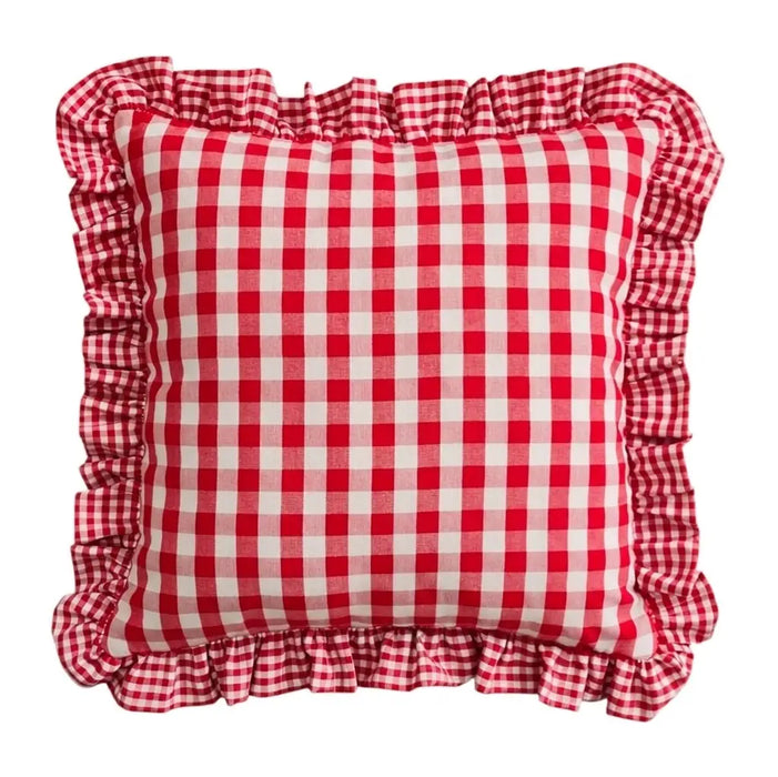 Federa Cuscino Quadri Rosso 40x40 cm con Volant Stile Country