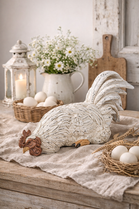 Gallina Decorativa Farmhouse in Resina Bianco e Rosso