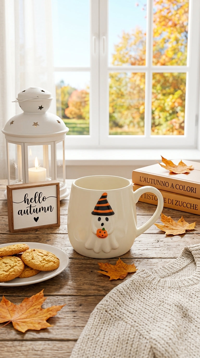 Tazza Mug di Halloween in Gres Goffrata con Fantasmino e Zucca