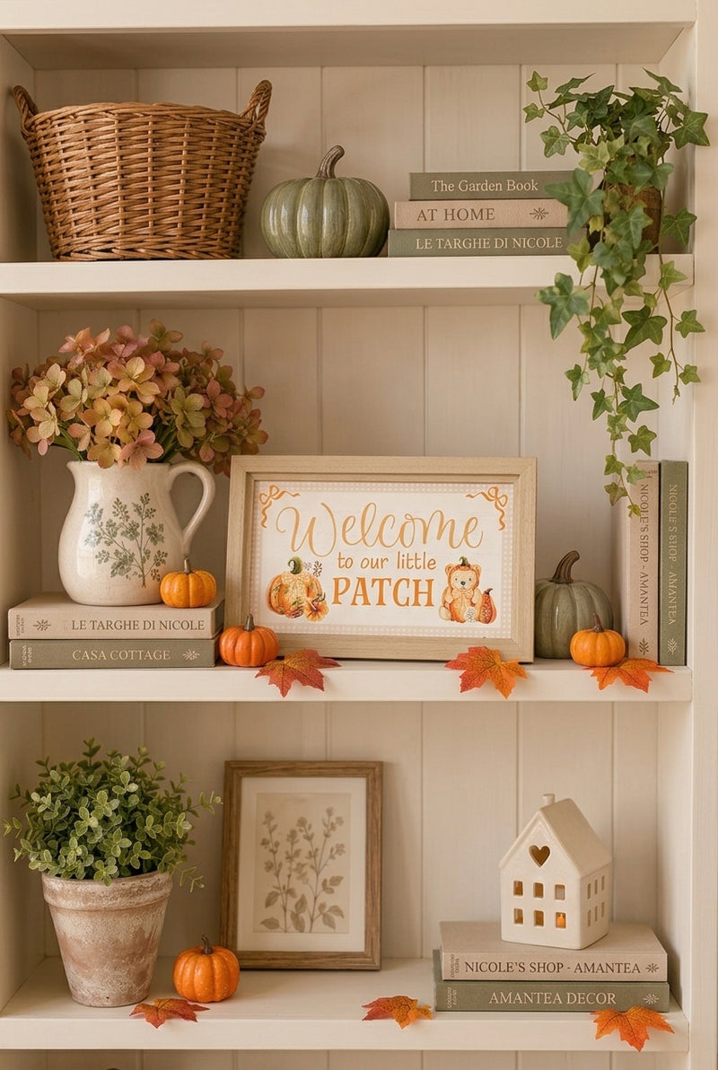 Targa Decorativa Autunnale "Welcome to Our Little Patch" con Cavalletto in Legno