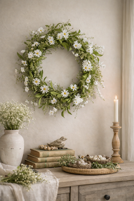 Corona di margherite e fiori bianchi 55 cm