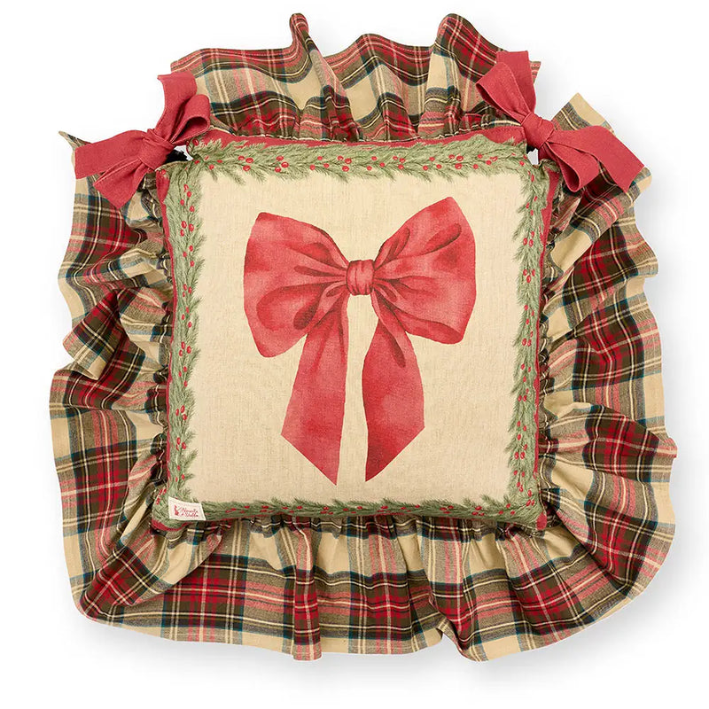 Cuscino Sedia Natalizio Tartan con Balza e Fiocco 40×40 cm – Nuvole di Stoffa