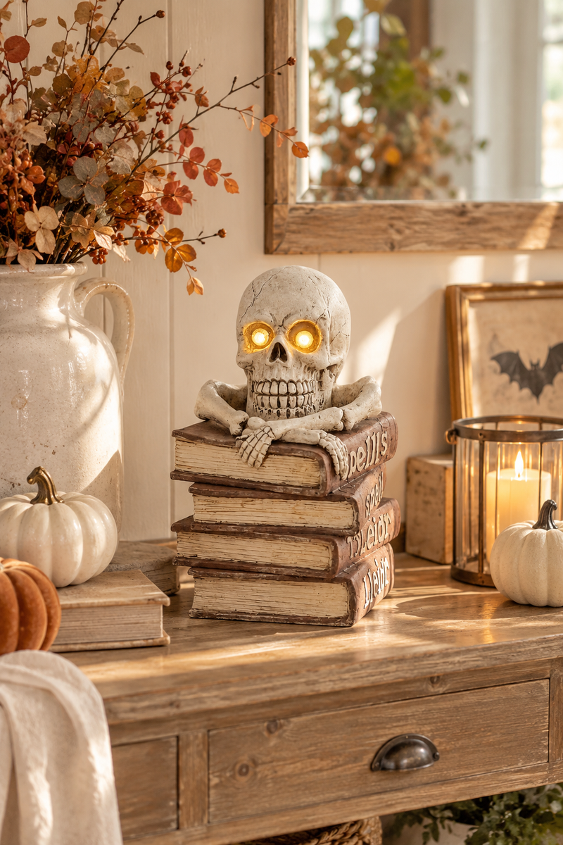 Scheletro Halloween con libri e occhi LED - 30X25X47CM