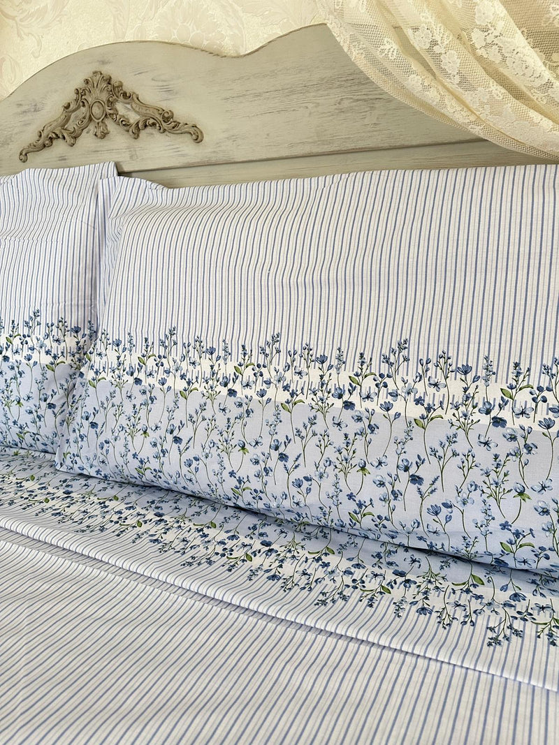Completo Lenzuola Matrimoniale 100% Cotone Casarredo Azzurro a Righe e Fiorellini
