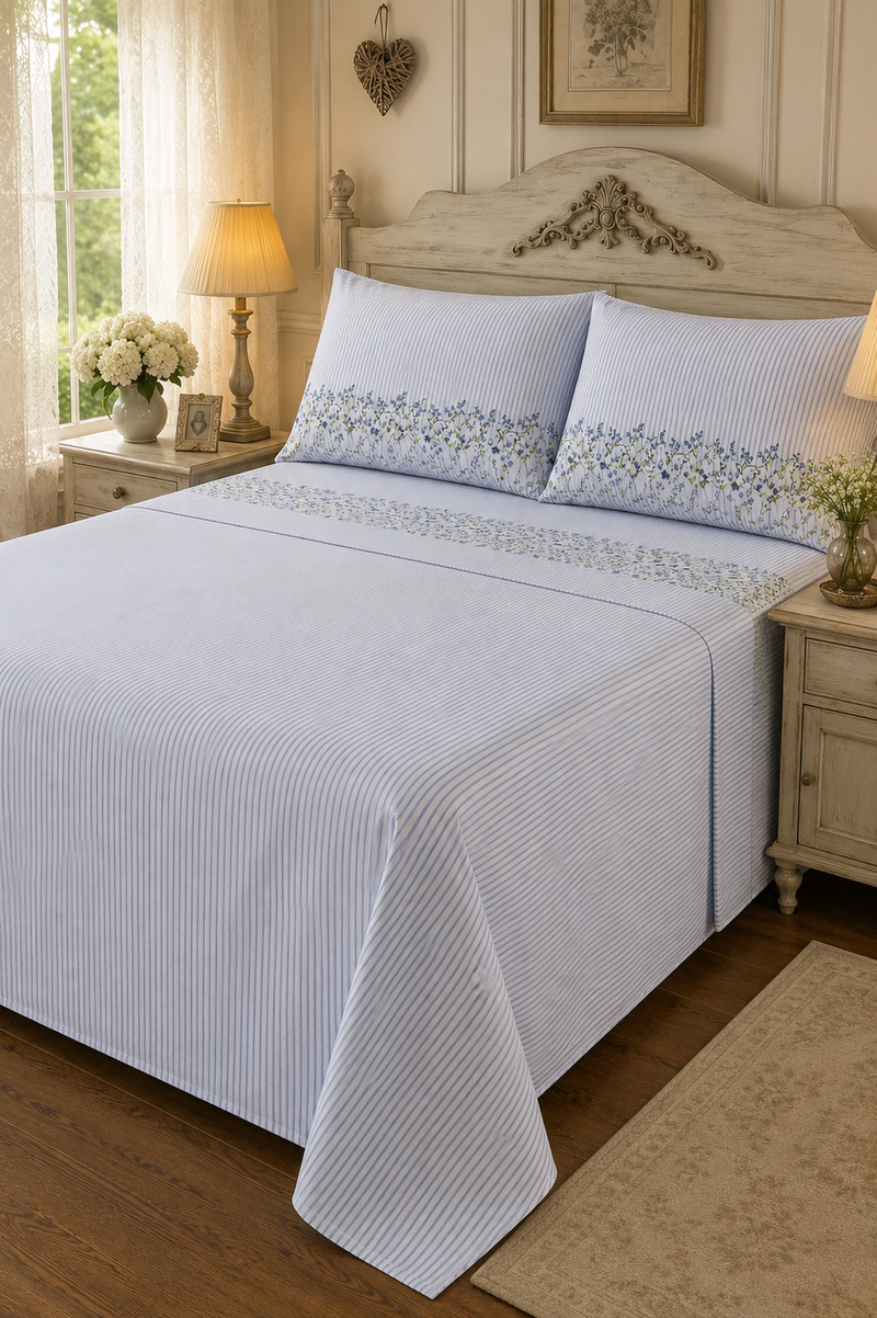 Completo Lenzuola Matrimoniale 100% Cotone Casarredo Azzurro a Righe e Fiorellini