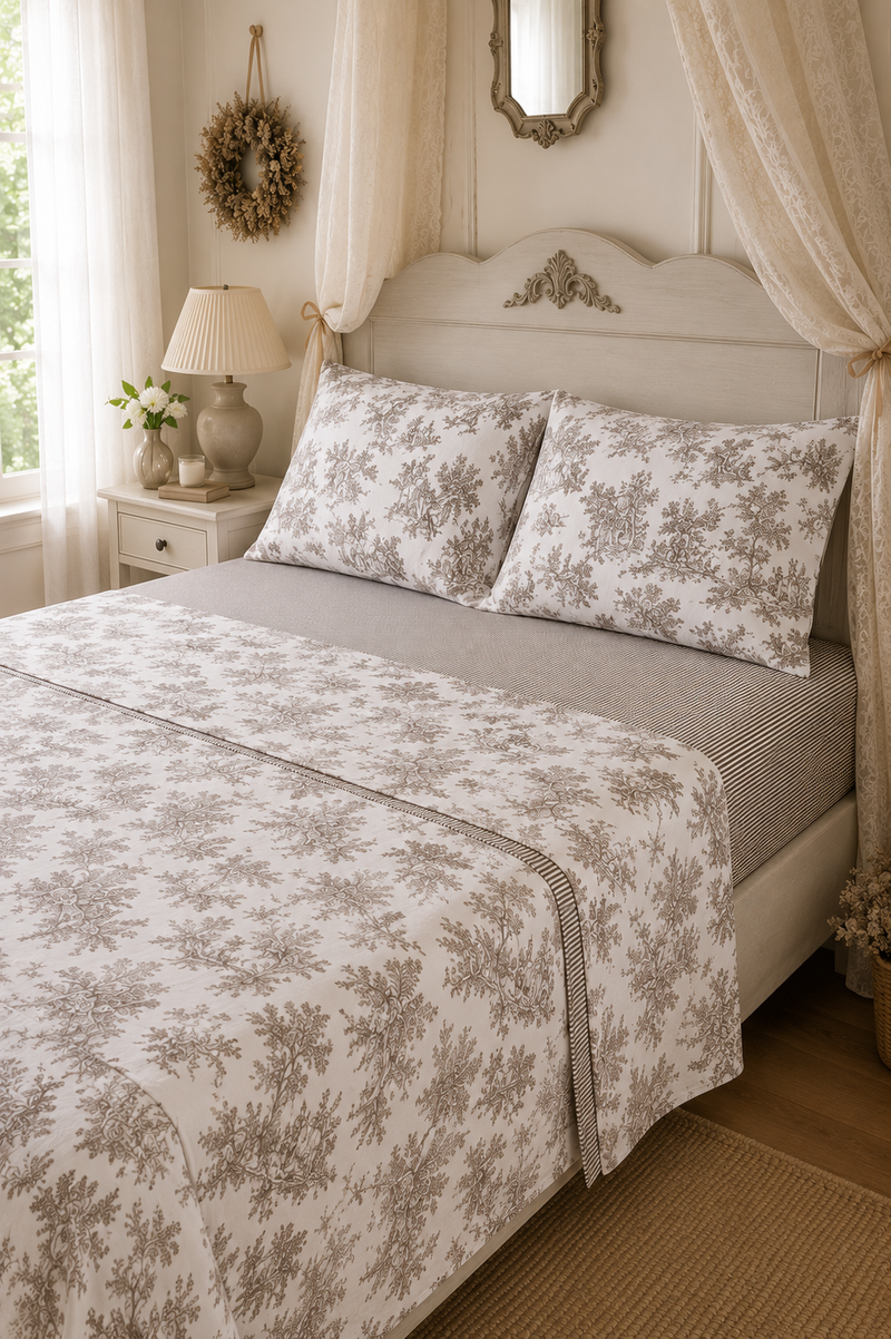 TOILE DE JOUY TAUPE SHEET COMPLETE