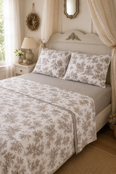 PARURE DE DRAPS TOILE DE JOUY GRIS TOURTERELLE