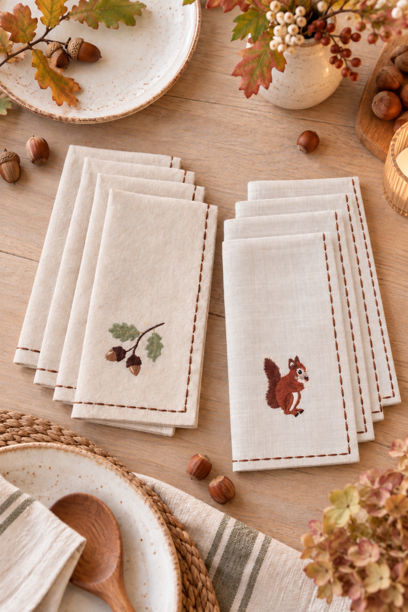 Set 4 tovaglioli autunnali con scoiattoli e ghiande - Blanc Mariclò