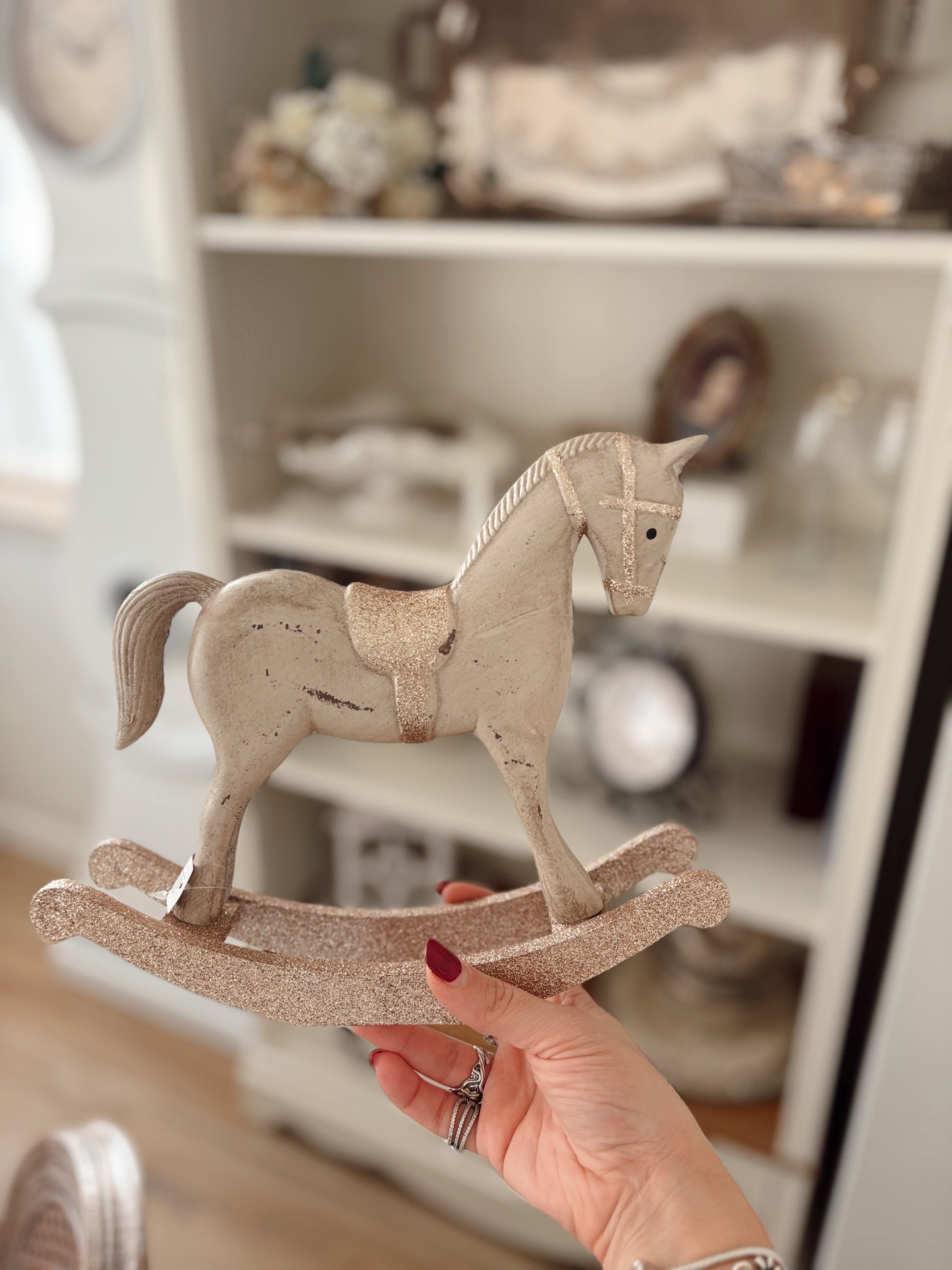 Cavallo a dondolo decorativo con glitter in legno mdf chic antique