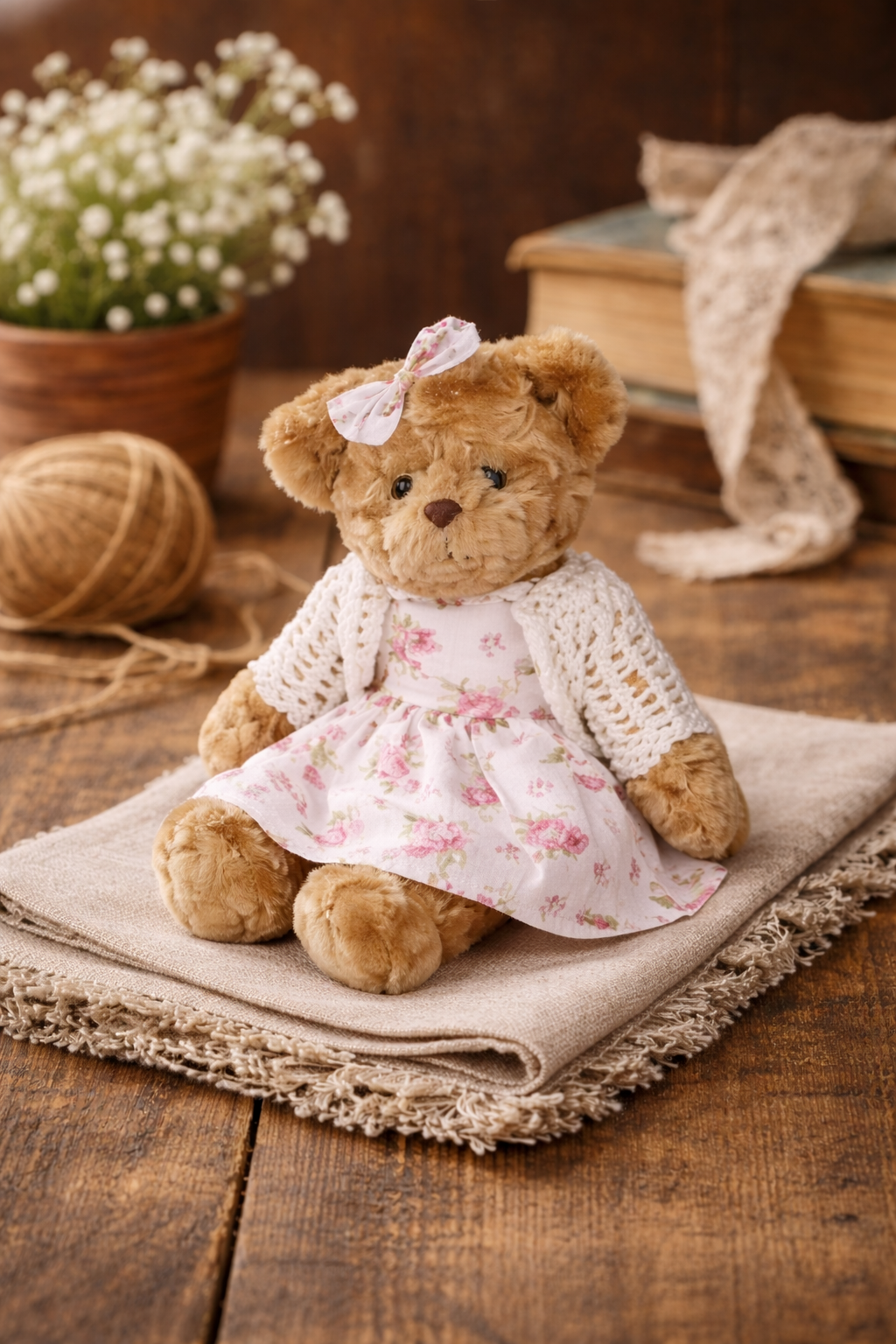 Orsetto decorativo vintage  morbido con vestito a fiori Antic line