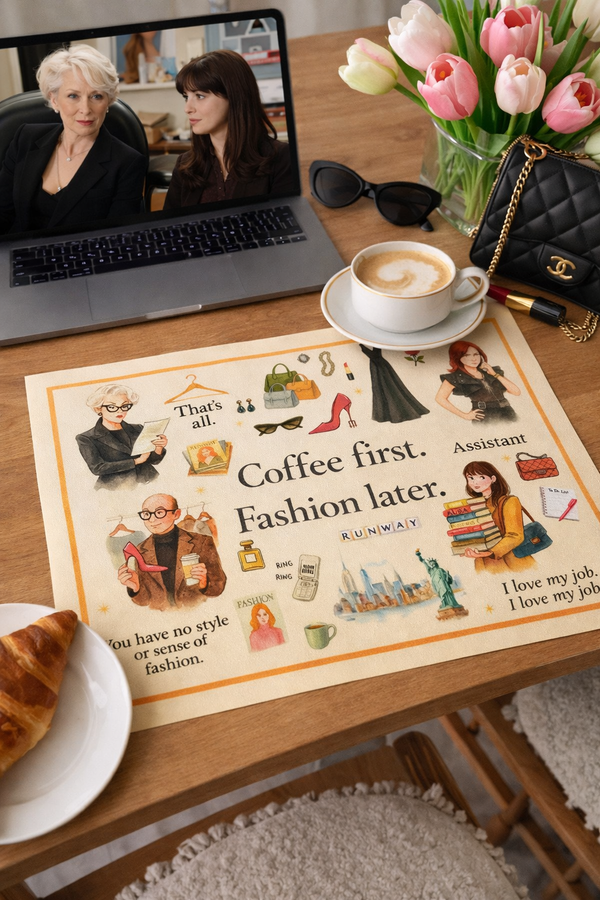 Tovaglietta in vinile  “Coffee First, Fashion Later”