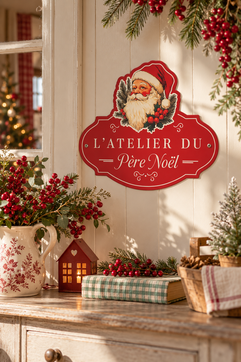 Targa da parete natalizia “Atelier du Père Noël” in metallo 50 x 45 cm