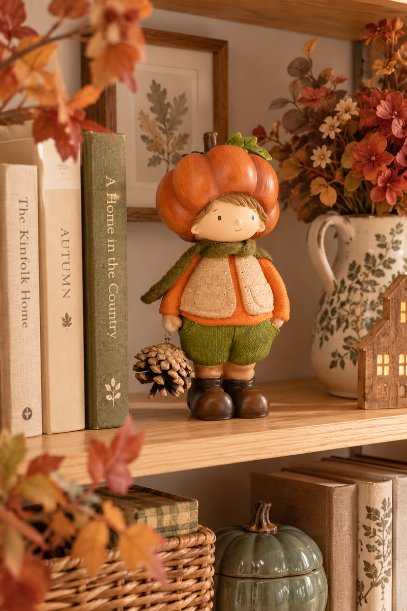 Statua bambino con cappello a zucca in poliresina 11x9x19cm