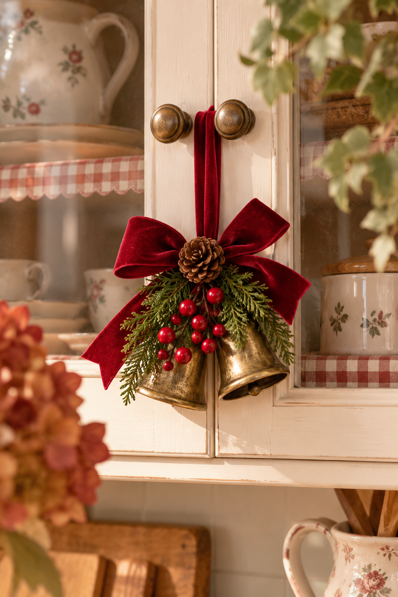 Campane decorative con bacche e pigne 19 cm