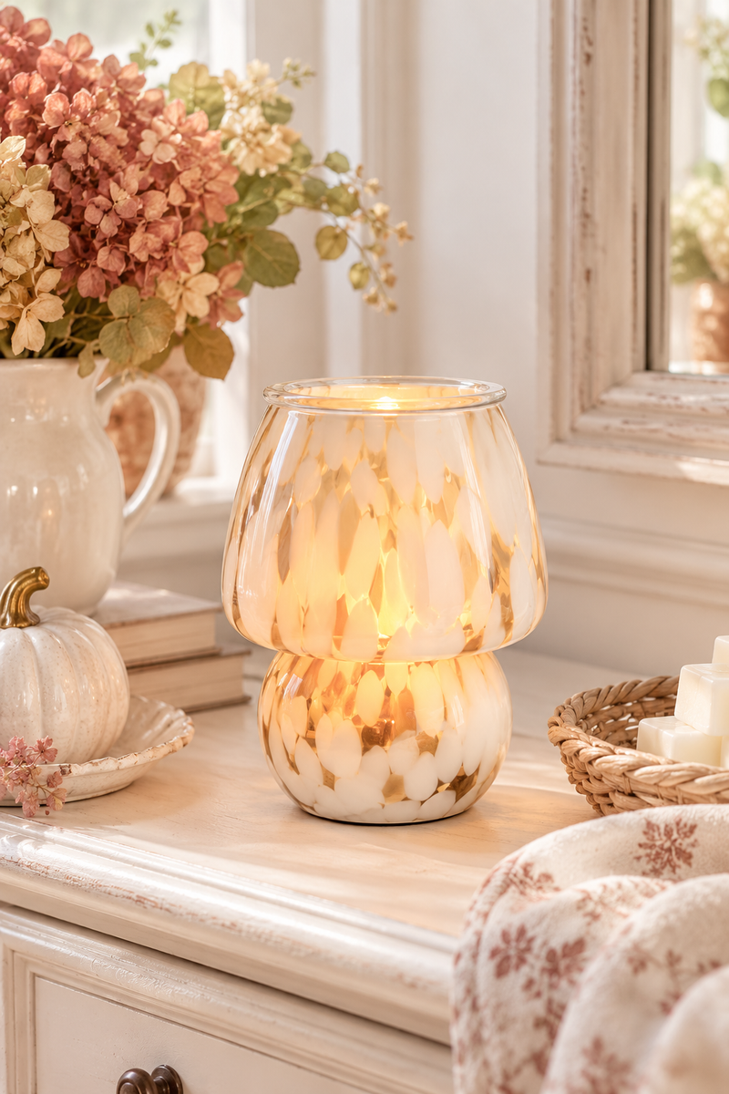 Lampada Elettrica Diffusore in Vetro Effetto Marmorizzato Bianco e Beige Candle Warmers