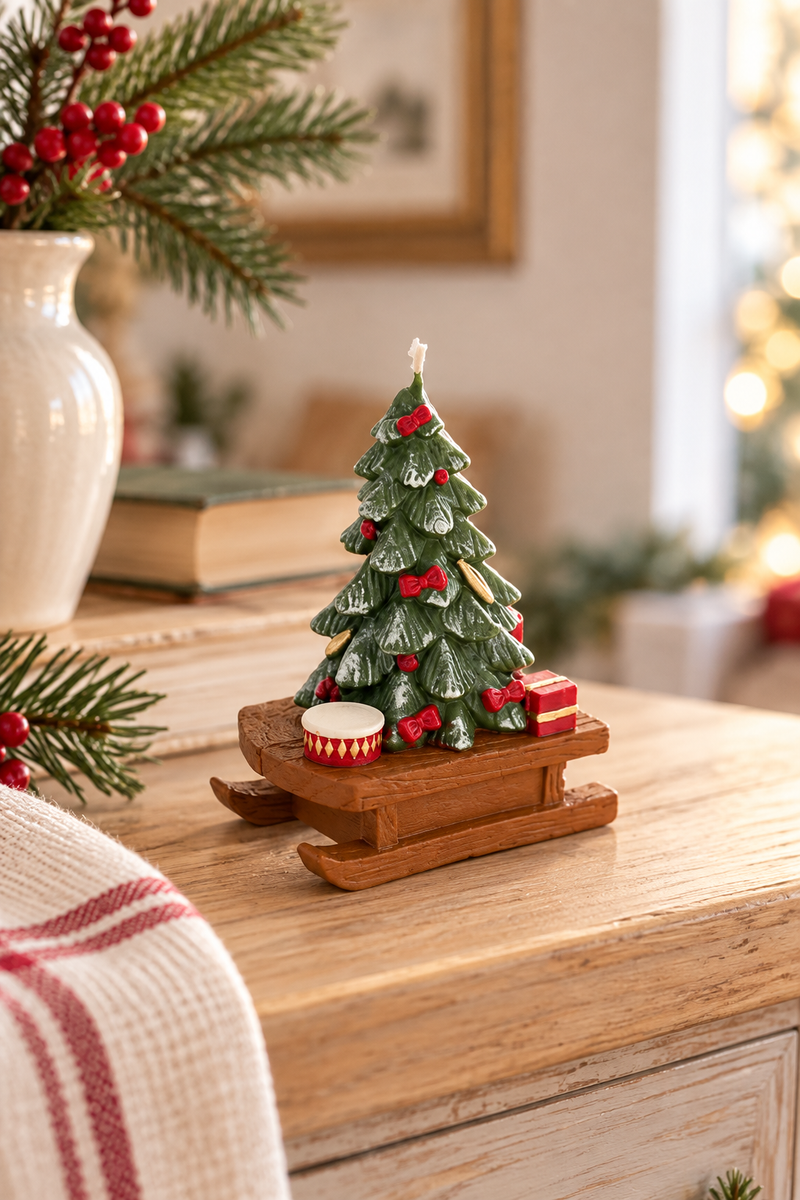 Candela decorativa natalizia albero di Natale su slitta h12cm