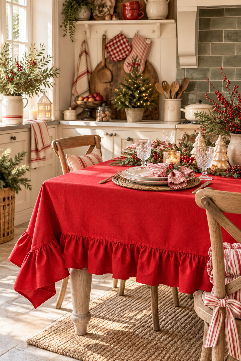 Tovaglia Rouge Rossa con Balze in Cotone 160x200 cm