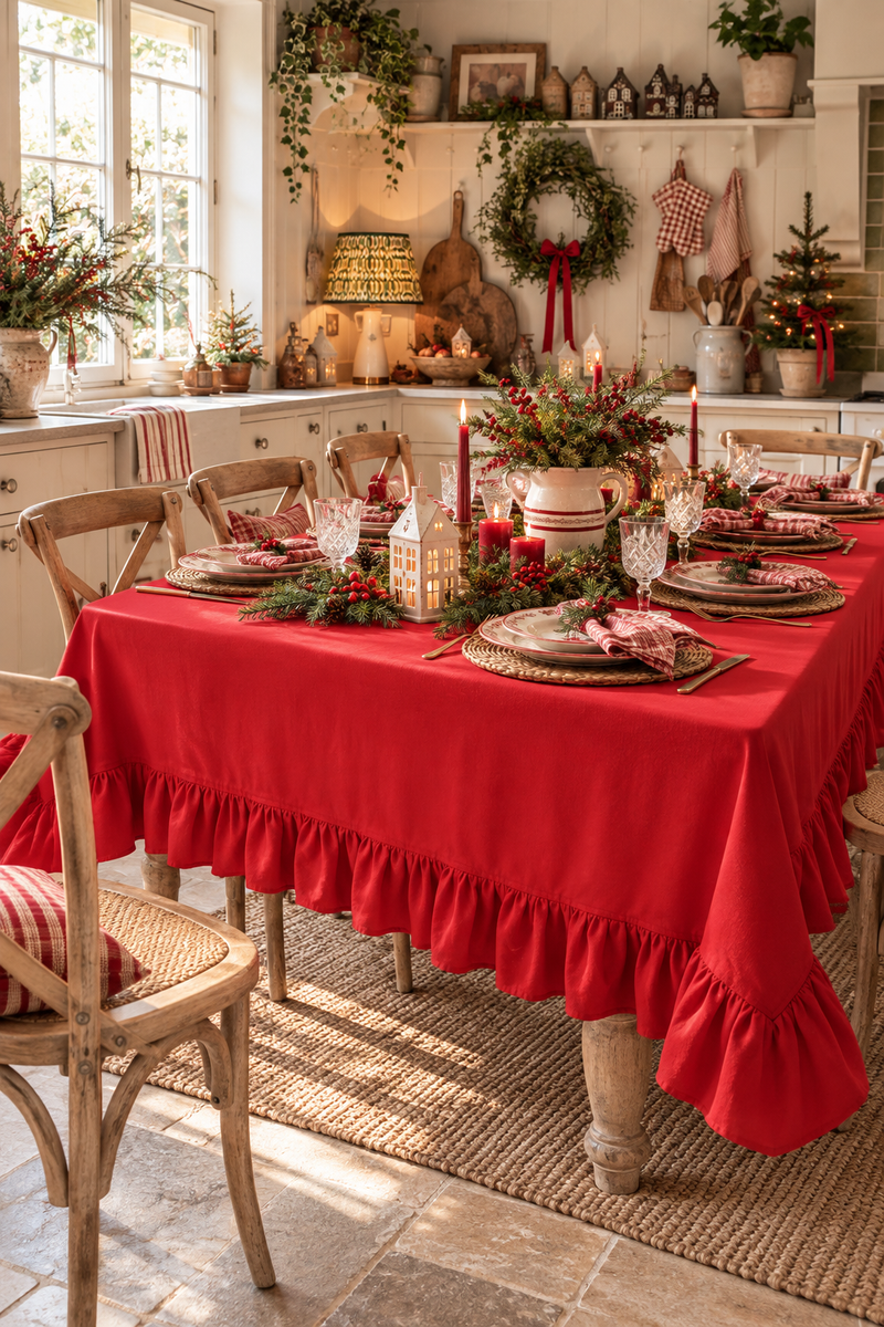 Tovaglia Rouge Rossa con Balze in Cotone 160x260 cm