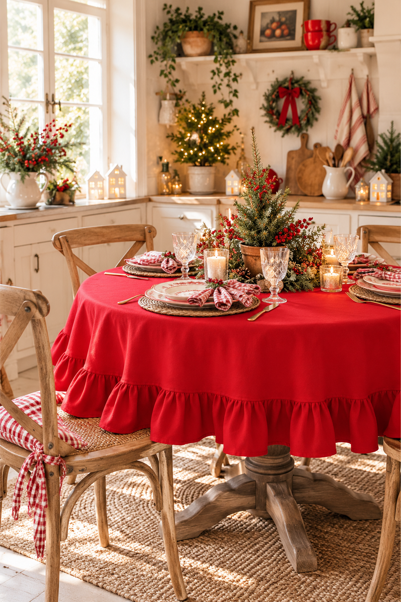 Tovaglia Rotonda Rossa con Balza Ø180 cm in 100% Cotone – Collezione Rouge