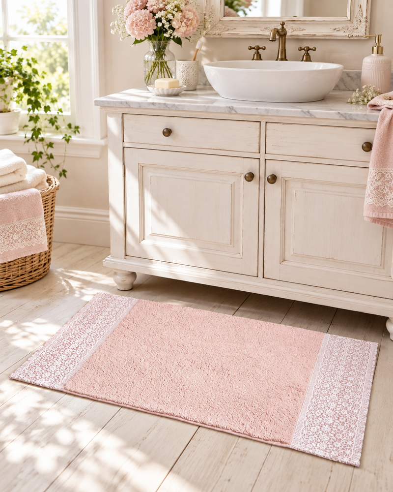 Tappeto Bagno Rosa Dentelle 50x80 cm con Macramè