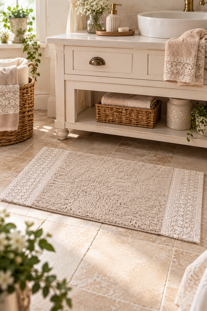 Tappeto Bagno  Dentelle Tortora 50x80 cm con Macramè