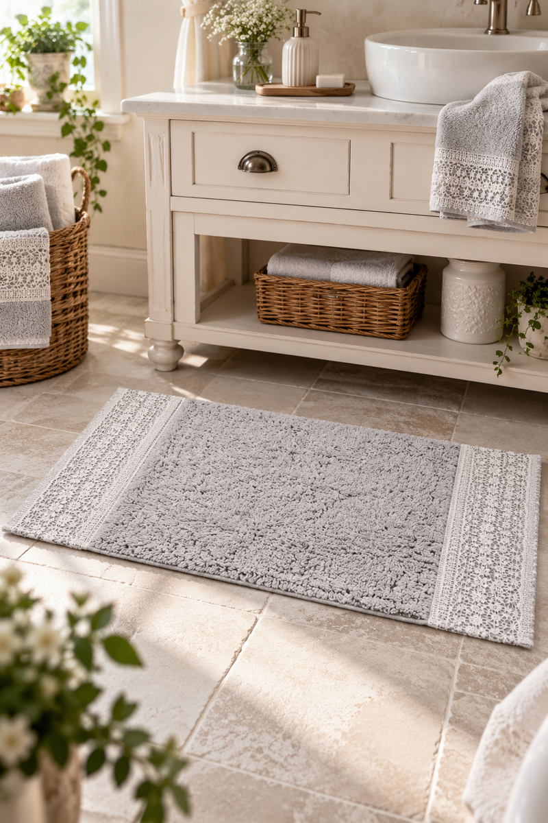 Tappeto Bagno Dentelle Grigio perla  50x80 cm con Macramè