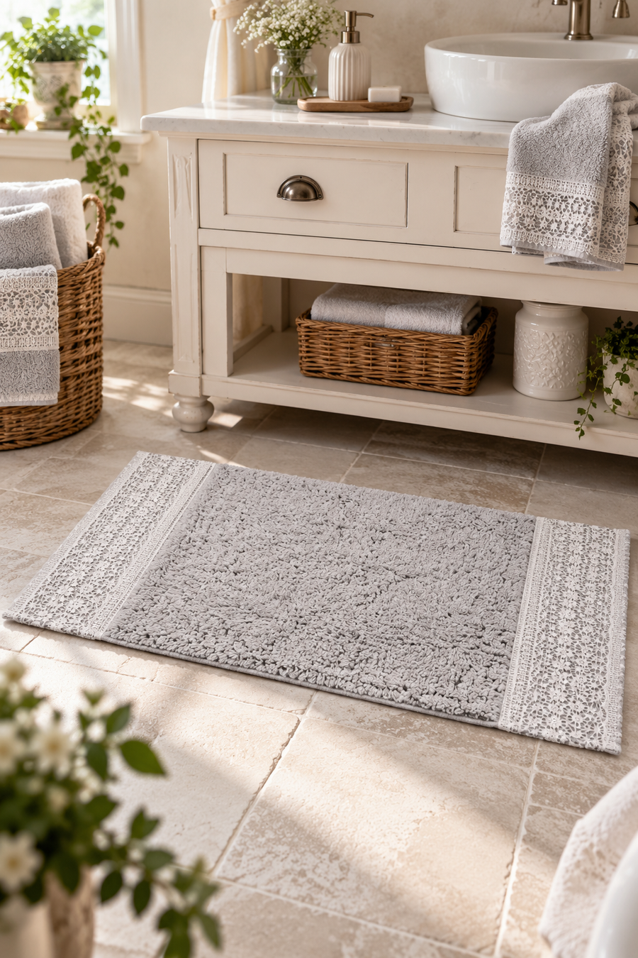 Tappeto Bagno Dentelle Grigio perla  50x80 cm con Macramè