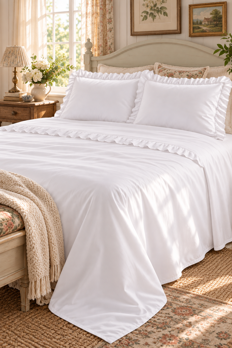 Completo Lenzuola Matrimoniale Isabelle Bianco con Rouches – 100% Cotone