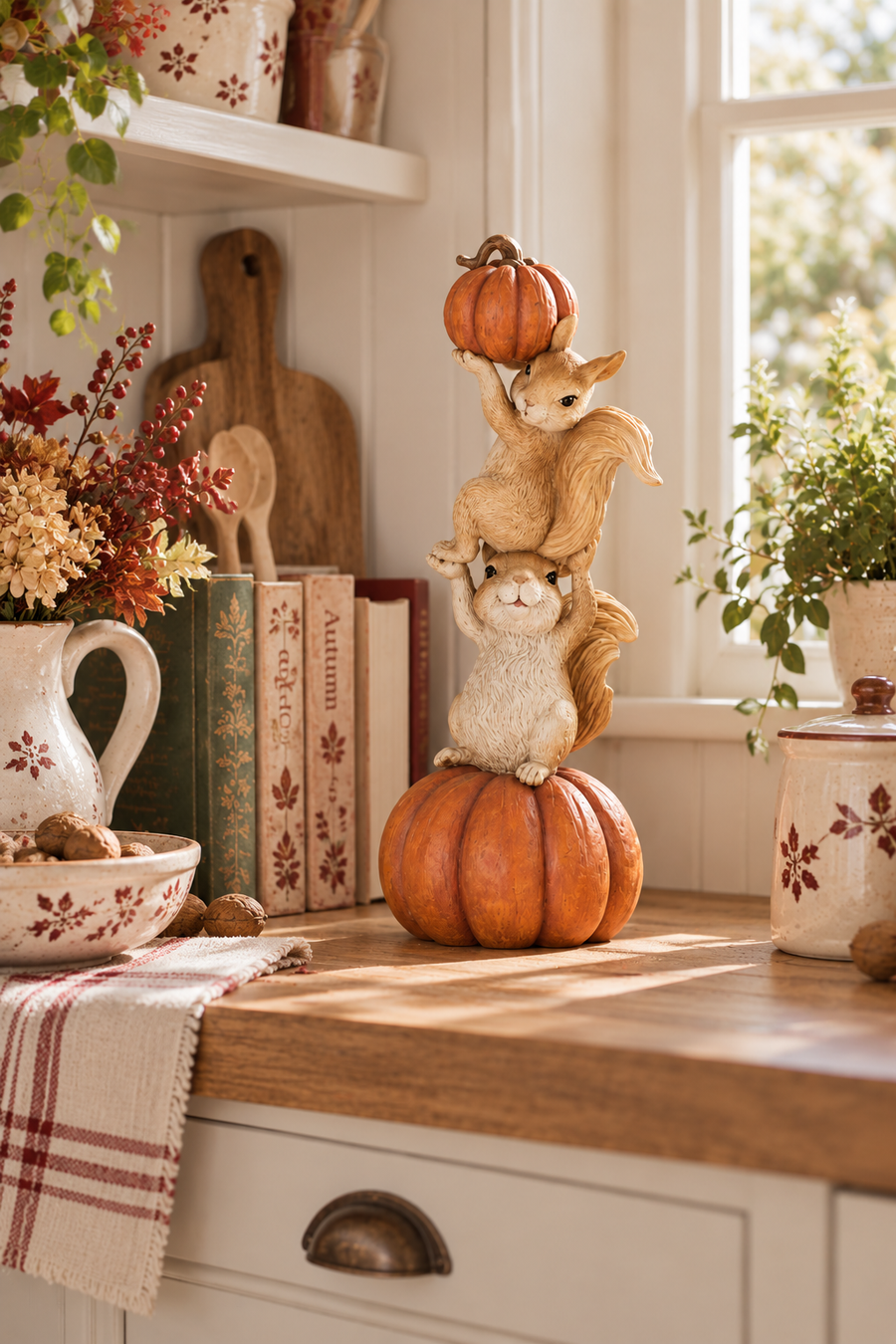 Scoiattoli su zucca decorativa autunnale in poliresina - 12X12X31CM