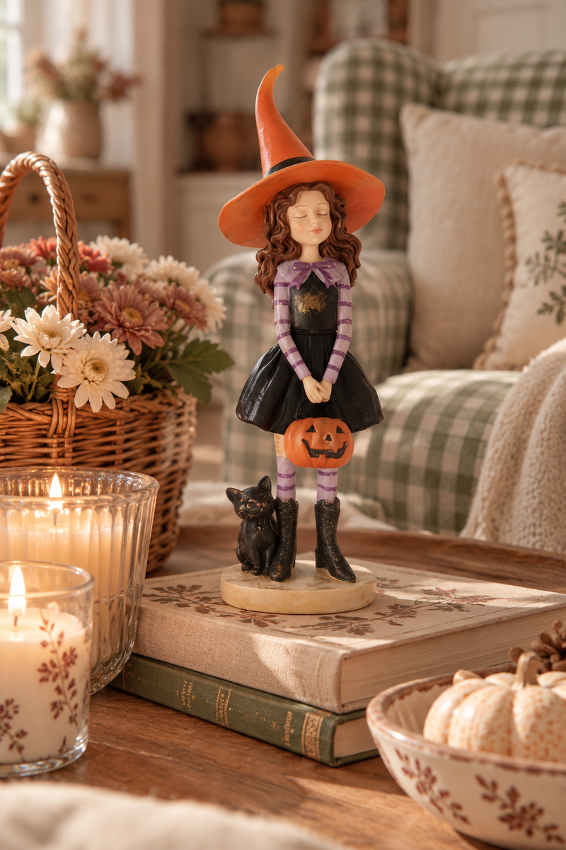Strega Halloween con zucca e gatto in poliresina H40 cm