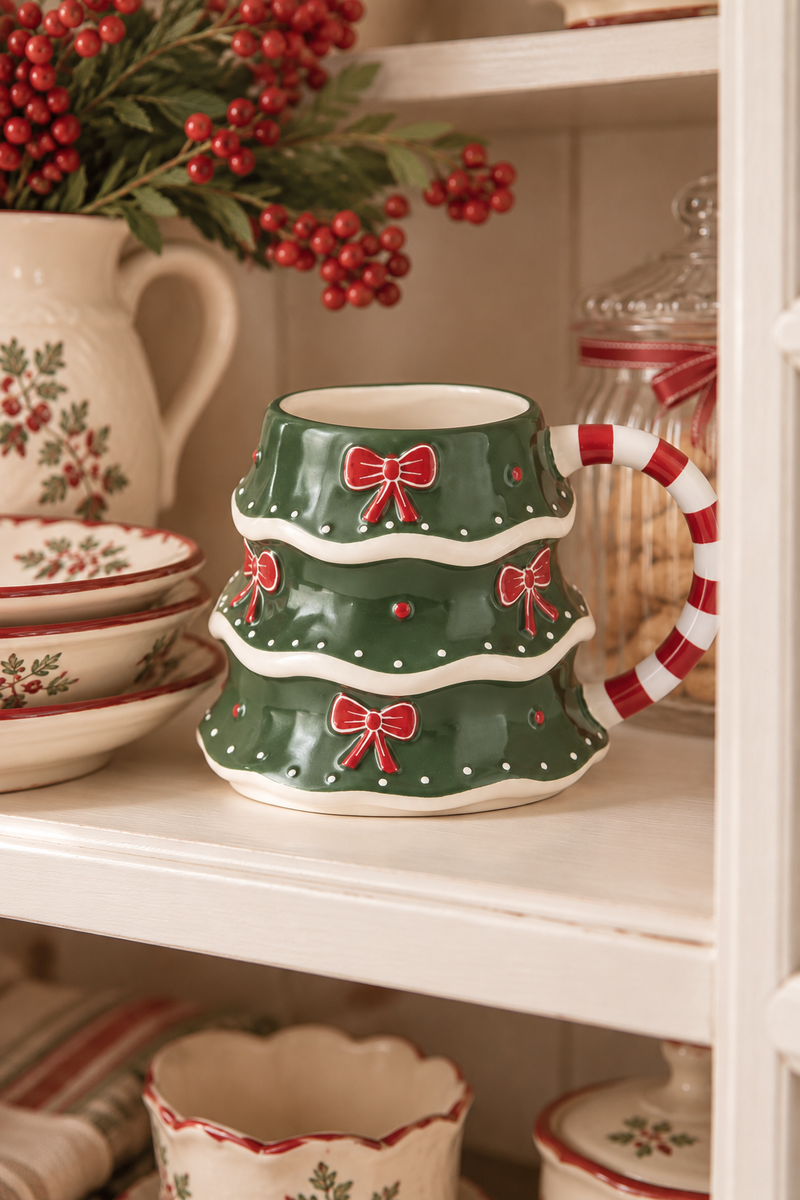 Tazza natalizia a forma di albero con fiocchi rossi 17x13x11cm