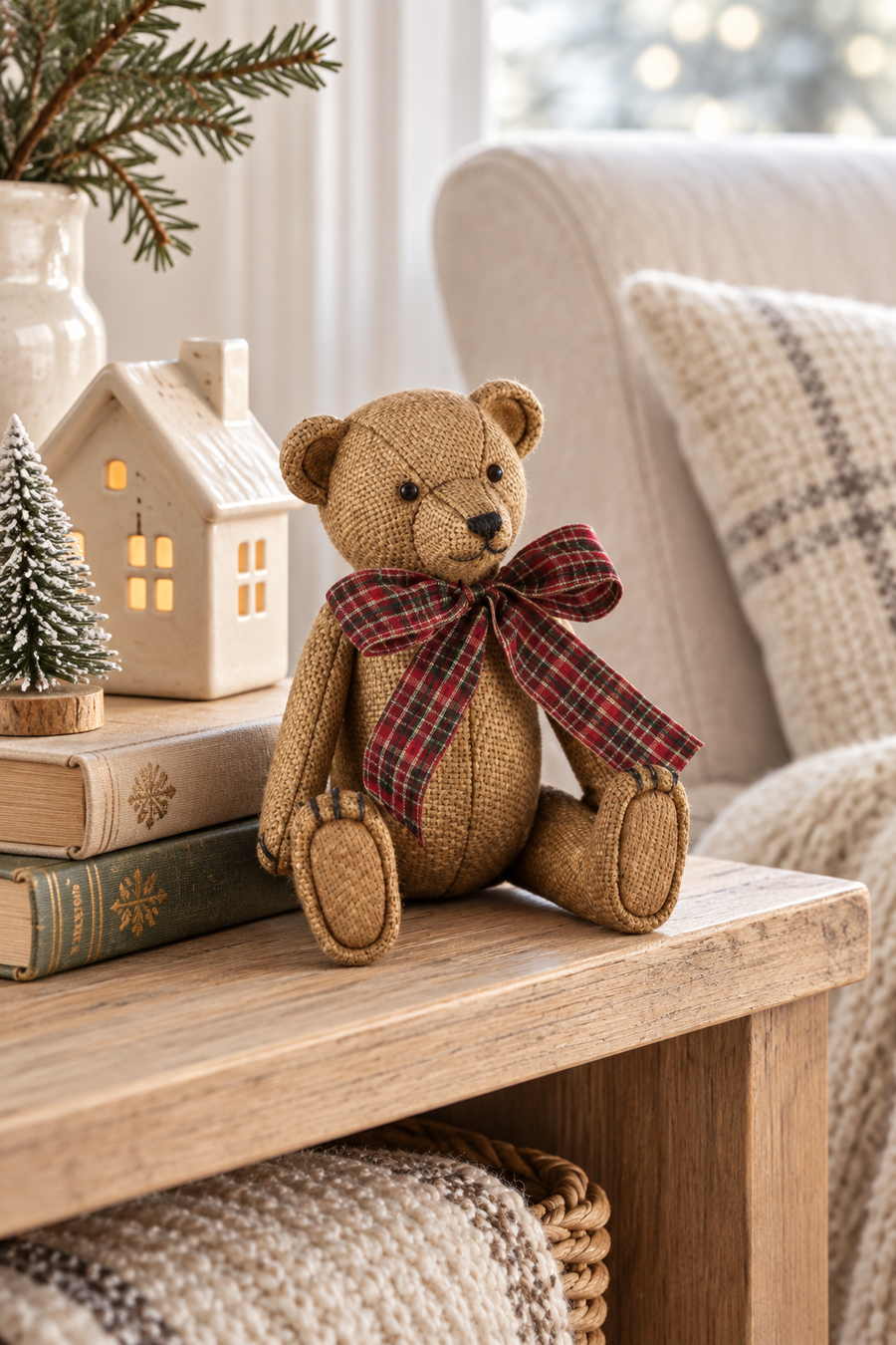 Orsetto decorativo con fiocco tartan in poliresina 11 x 10 x H14 cm