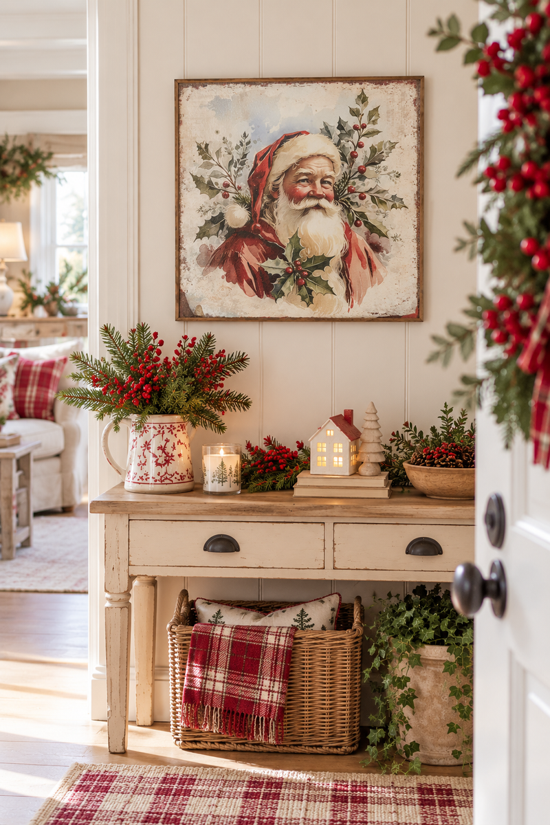 Quadro con stampa Natalizia Babbo Natale con Agrifoglio 46 cm