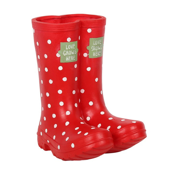 Stivali Decorativi con Pois Rossi “Love Grows Here” – 21,5 cm in Resina