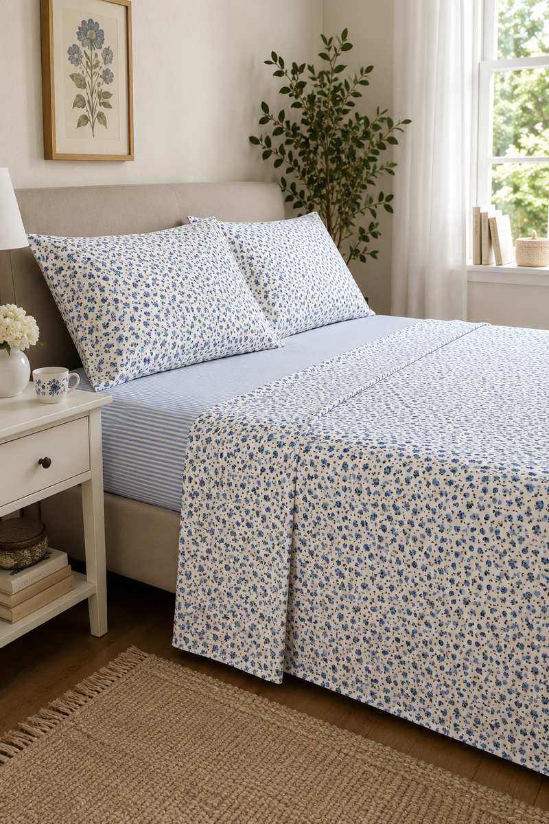 Completo Lenzuola Matrimoniale in Cotone Azzurro con Roselline