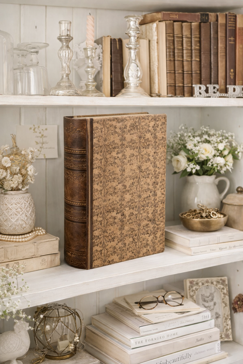 Scatola a forma di libro decorativo in MDF marrone e beige