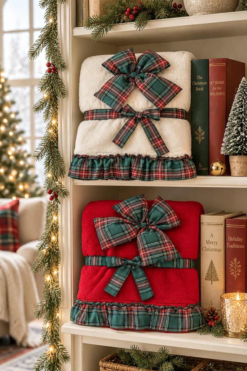 Plaid natalizio Sherpa con fiocco tartan 140 x 170 cm – 2 colori