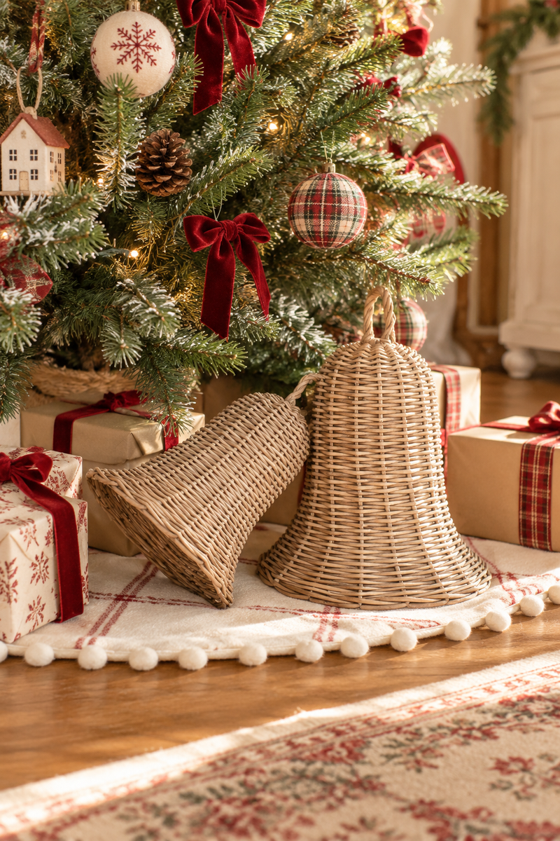 Due Campane Natalizie in Rattan Naturale H 25/32 cm