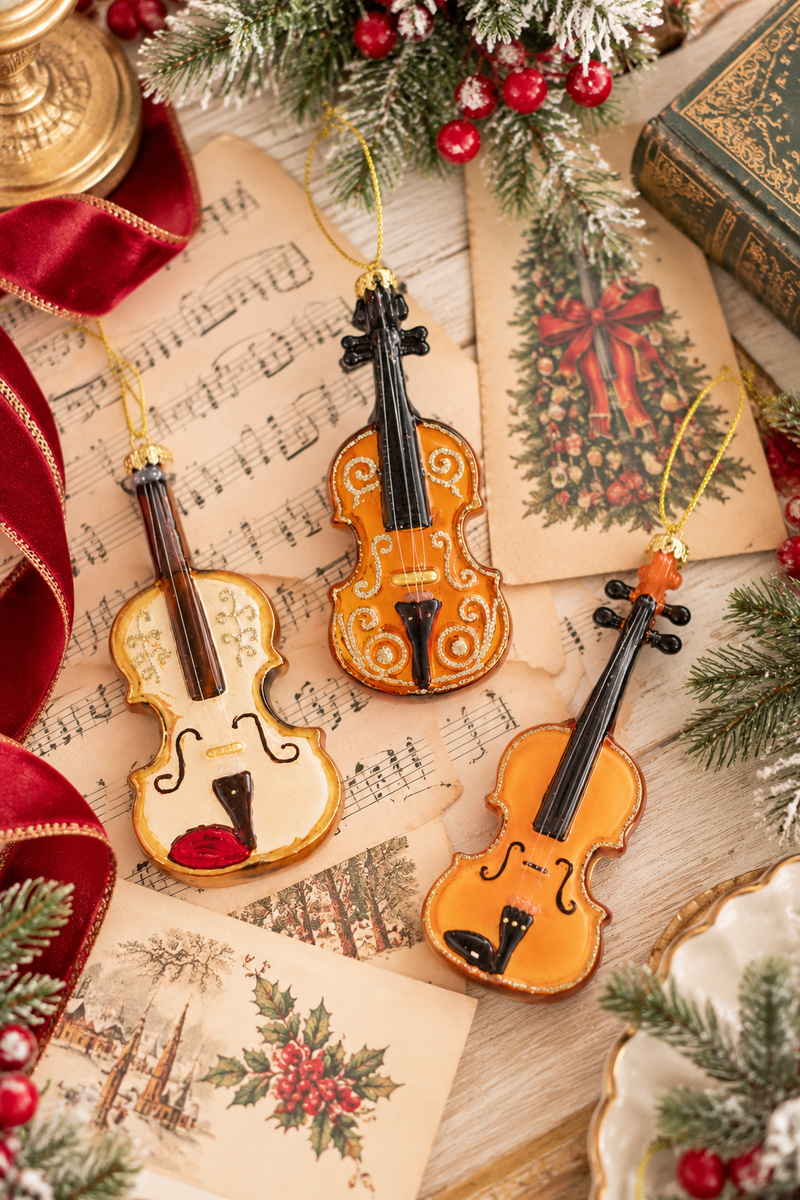 Set 3 Violini Natalizi in Vetro da Appendere H 12 cm