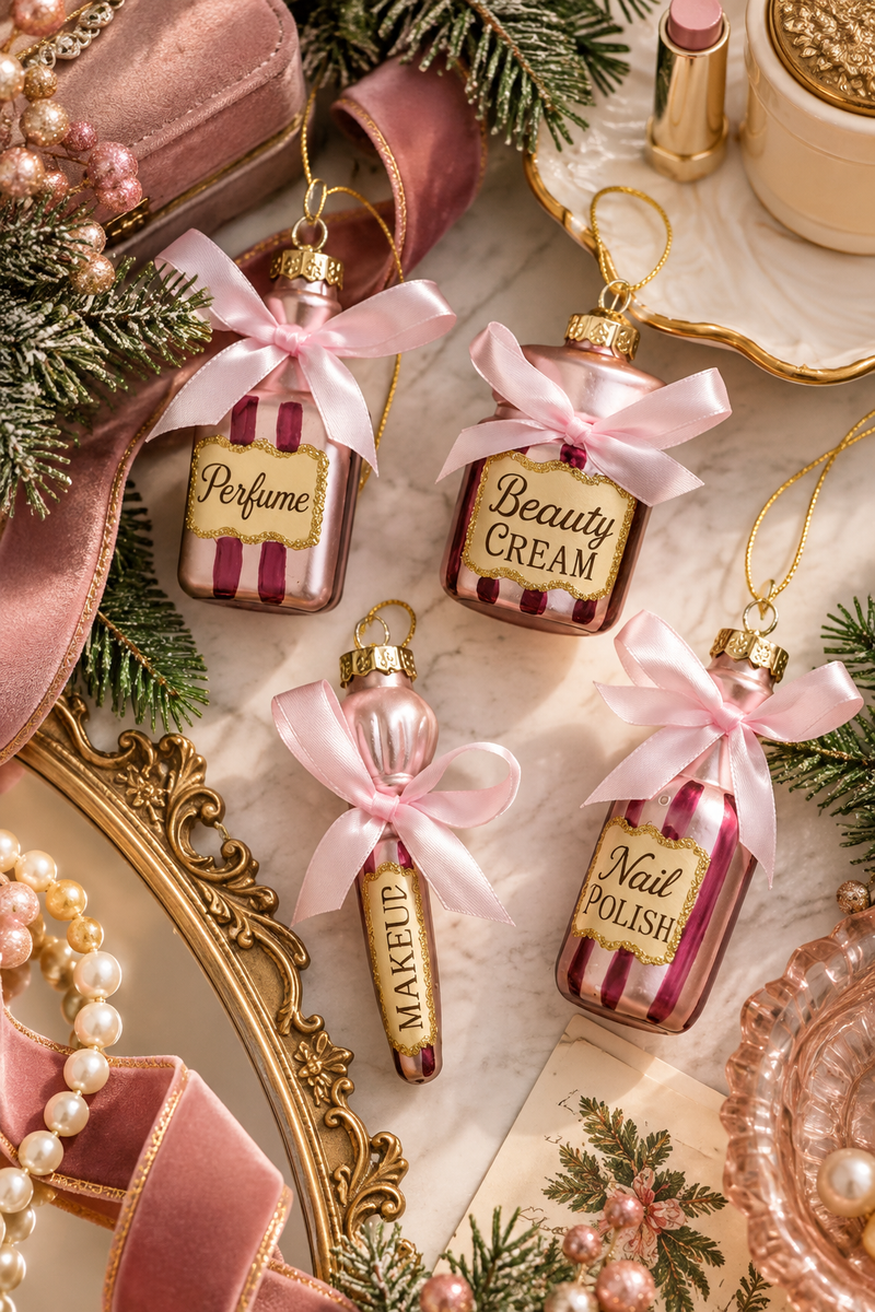 Set 4 Decorazioni Natalizie Beauty in Vetro Rosa da Appendere