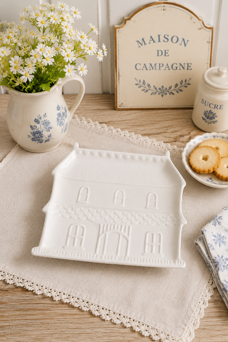 Piatto Vassoio a Forma di Casetta in Ceramica Bianca 30x23 cm
